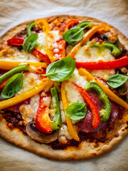 Margherita pizza on baking paper

