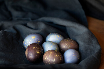 Elevated view of decorated Easter eggs 