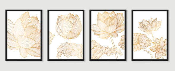 Luxury cover design template. Lotus line arts hand draw gold lotus flower and leaves. Design for packaging design, social media post, cover, banner, Wall arts, Gold geometric pattern design vector