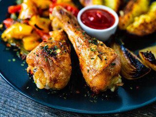 Barbecue chicken drumsticks with fried potatoes  vegetables on wooden table
