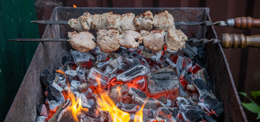 2 skewers with pork skewers are fried on the grill. fire burns and embers sparkle 