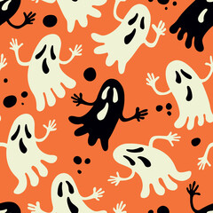 Seamless pattern with funny ghosts on an orange background. Happy Halloween.