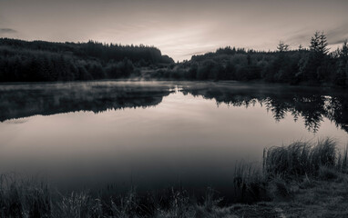 Ladymuir Reservoir, Locherwood and Lady Muir Woodland,  Renfrewshire, Scotland, UK B&W