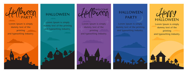 Halloween invitation or greeting Cards set. Happy Halloween. Dusk, full moon dark night and tombstone.