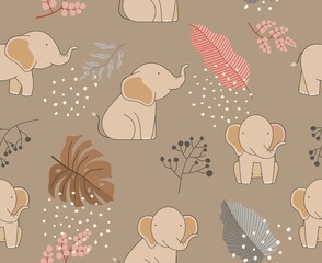 Cute seamless pattern of doodle elephants with palm trees, flowers and butterflies on white background. Kids illustration in a vector.