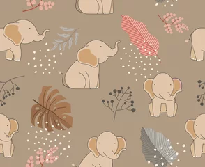 Wall murals Elephant Cute seamless pattern of doodle elephants with palm trees, flowers and butterflies on white background. Kids illustration in a vector.
