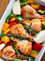 Marinated raw chicken drumsticks ready to roast
