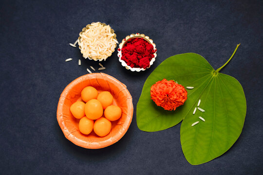 Indian festival dussehra , green leaf, rice and flowers