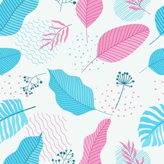 Tropical vector seamless flower and leaves pattern. Exotic background. Wallpaper. Blooming realistic isolated jungle plants, palm. Hand drawn bright illustration.