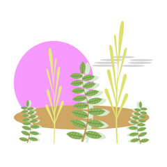 Vector illustration of nature background, leaves and shrubs on the background of the sun and abstract style elements.