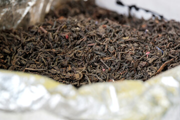tea in a large bag on the market, close-up