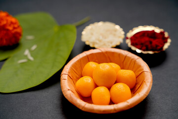 Indian festival dussehra , green leaf with rice and sweets