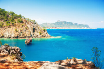 Beautiful sea coast "Paradise bay" near Kemer, Turkey. Summer seascape. Famous travel destination