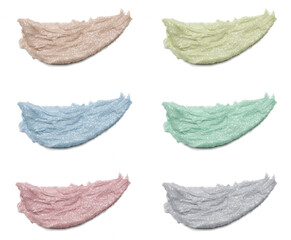 Cosmetics and makeup samples on white background