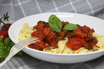 pasta with tomato sauce, close up