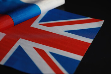 The concept of diplomatic relations. Flag of the United States of America and the Russian...