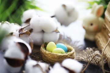 Bird's nest with eggs. Willow branches and first greens. Easter background. Palm Sunday. Christian holiday. Spring background.