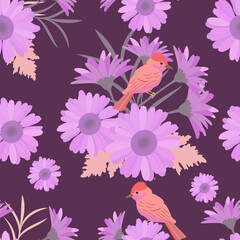 Seamless vector illustration with gerberas and exotic birds.