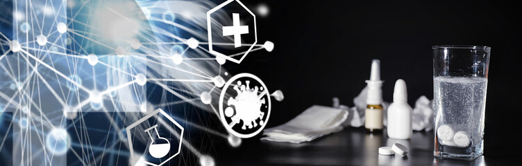 Composition from Bottles of cough syrup.Healthcare, medicine, flu and treatment concept - paper wipes and thermometer with pills.