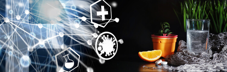 Composition from Bottles of cough syrup.Healthcare, medicine, flu and treatment concept - paper wipes and thermometer with pills.