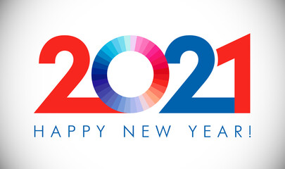 2021 A Happy New Year congrats concept. Classic logotype. Abstract isolated graphic design template. Red, blue, white numbers. Coloured digits. Up to 20% percent off idea. Creative colorful decoration