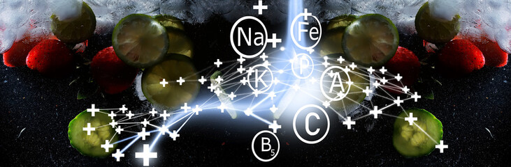 Water drops on ripe sweet fruits and berry. Fresh fruits background with copy space for your text. Vegan concept.