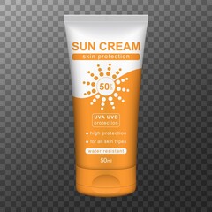 Sunscreen cream realistic 3d tube. Sun skin protection. Sunblock cream tube for branding, packaging and advertising.