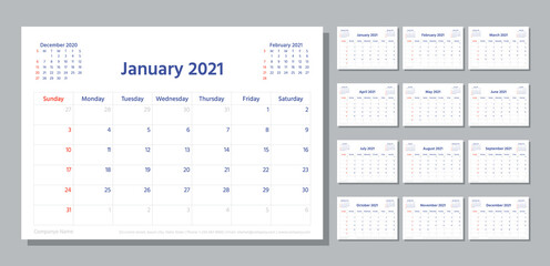 Planner 2021 year. Week starts Sunday. Calendar template. Vector. Modern schedule grid. Yearly stationery organizer. Calender layout. Horizontal orientation. Monthly corporate diary. Illustration.