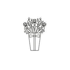 Iris flowers in a box with a bow - thin line icon on isolated white background. Bunch of flowers in a container - vector illustration in simple linear design.
