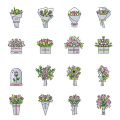 Set of flower bouquet flat color line icons. Collection of flowers in wrapping paper and boxes. Bunch of roses, tulips, wildflowers in thin linear design. Floral composition vector illustration.