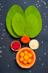 Indian festival dussehra , green leaf, rice and flowers