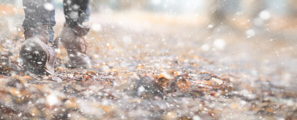 Winter park a man walks along a path foliage