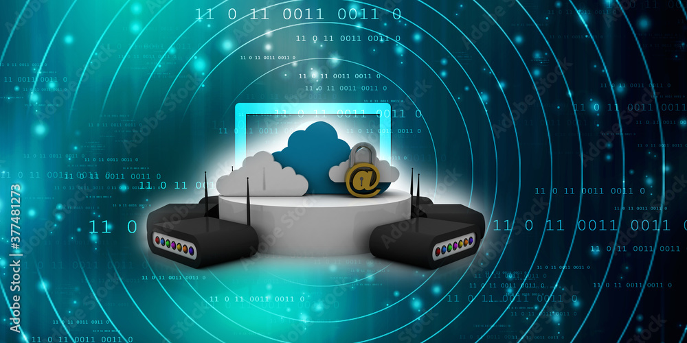 Poster 3d rendering transmitter wifi with e mail lock