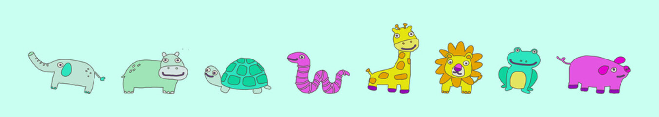 Big vector set with animals in cartoon style giraffe lion and more. Vector collection with mammals isolated on blue