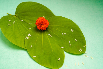 Indian festival dussehra , green leaf, rice and flowers
