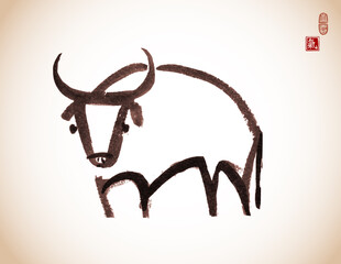 Ink painting of bull, chinese new year symbol of 2021 in vintage style. Translation of hieroglyph - life energy