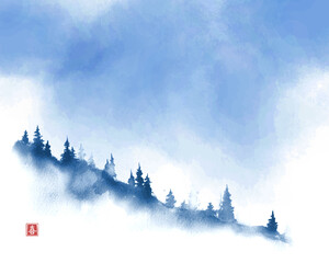 Mountain slope with pine trees in fog and blue sky. Traditional oriental ink painting sumi-e, u-sin, go-hua. Translation of hieroglyph - joy © elinacious