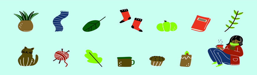 set of winter cozy elements cartoon icon design template with various models. vector illustration