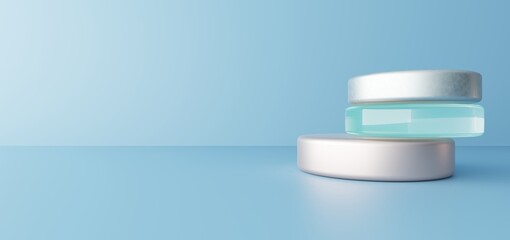 Composition.Gold,metal, glass, colored matte objects.Abstract architectural minimalistic background. Contemporary showroom. Modern blue exhibition stand. Gallery.Card. 3D illustration and rendering.