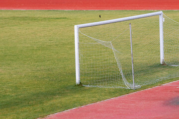 Football goals in a stadium with fresh green grass
