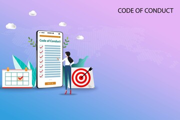 Concept of code of conduct, business woman wear a medical white face mask and standing in front of a big smartphone that the display contain list of code of conduct to read and understand each topic.