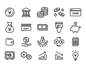 お金、金融、経済のアイコンのセット／ビジネス／通貨／貨幣／紙幣／銀行／日本円／貯金／現金