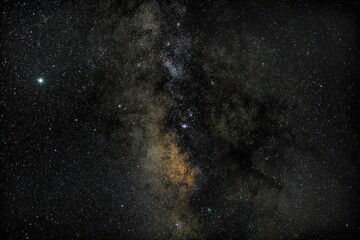 Saturn, Pluto and Jupiter close to one of the most beautiful parts of the Milky Way. To their...