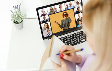 Fototapeta na wymiar Headshot screen application view of diverse multiracial employees have work web conference using modern platform, smiling multiethnic colleagues talk speak online brainstorm on video call