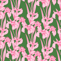 Seamless vector pattern with pink iris floewrs on a deep green background. Stock line vector illustration. T-shirt design, textiles, fabrics, covers, wallpapers, print, wrapping gift