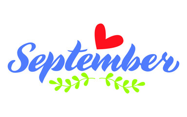 September - Hand drawn lettering month name. Handwritten month September for calendar, monthly logo, bullet journal or monthly organizer. Vector illustration isolated on white. EPS 10