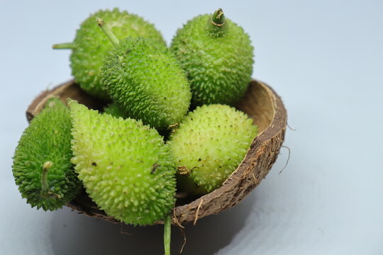 Fresh green colorful spiny gourd or teasel gourd vegetables on white background