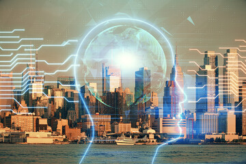 Brain hologram drawing on cityscape background multi exposure. Ai in modern city concept.