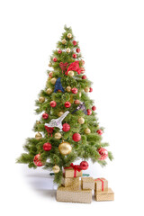 Obraz na płótnie Canvas Joyful studio shot of a Christmas tree with colorful ornaments, isolated on white