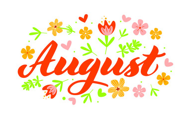 August - Hand drawn lettering month name. Handwritten month August for calendar, monthly logo, bullet journal or monthly organizer. Vector illustration isolated on white. EPS 10